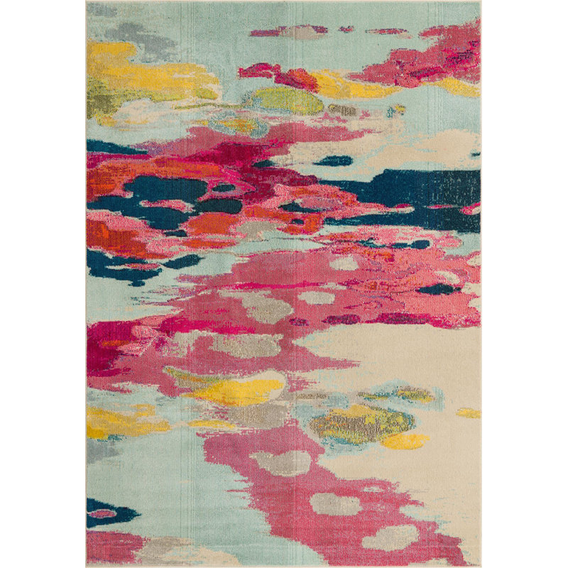 Tapis abstrait en polypropylène tissé à la machine Estelle bleu / jaune / orange, Rectangle 6 pi 1 po x 9 pi