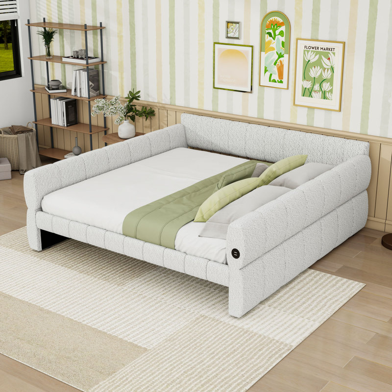 Upholstered Daybed Frame with USB Ports, White