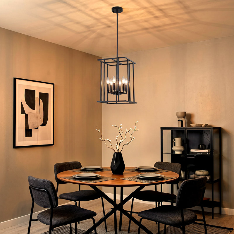 6 - Light Dimmable Lantern Rectangle Chandelier, Matte Black