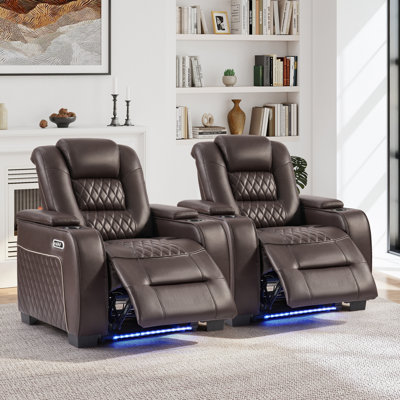 38" Wide Modern Faux Leather Electric Recliner Home Theater Seating With Power Headrest, LED Base Lighting, Cup Holders & USB Charging(Set Of 2)