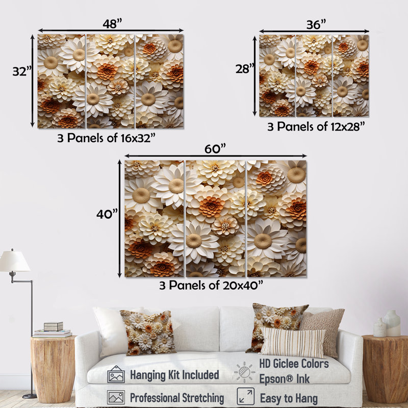 «Vibrant White Zinnias Collage - Zinnias», ensemble d'art mural, Toile tendue, H 28 po x l 36 po x P 1 po