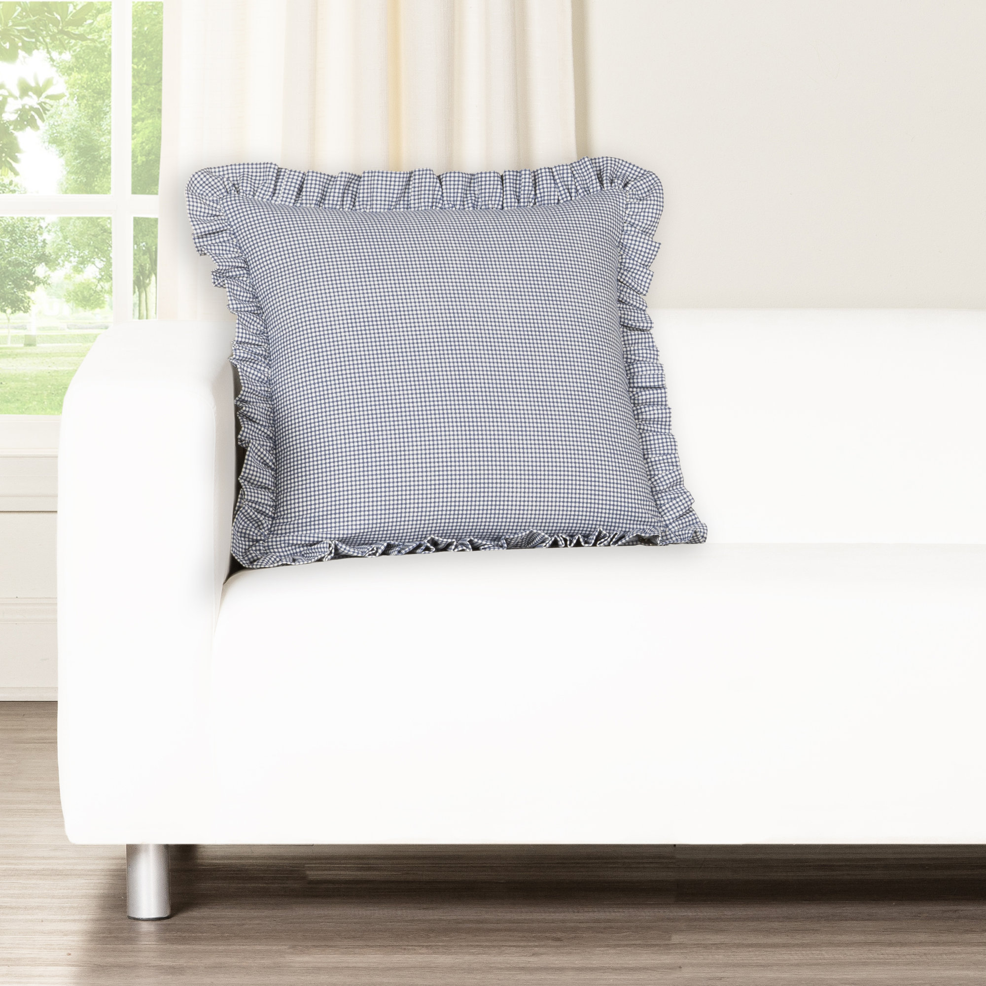 Birch Lane Mini Check Ruffled Accent Pillow, Blue, Polyester