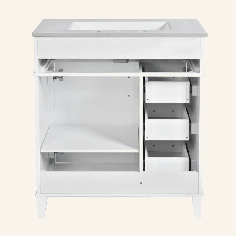 Meuble-lavabo de 30 pouces avec lavabo en céramique, tablette réglable, porte à fermeture en douceur et trois tiroirs à fermeture en douceur