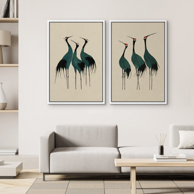 Emerald Green Crane Birds Classical Illustrations Rustic French Country VAL174