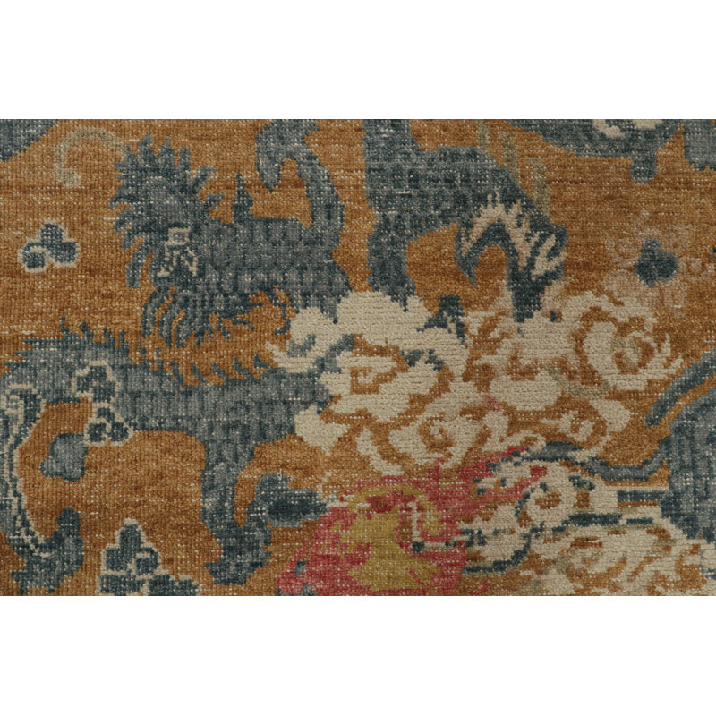 Rug & Kilim’S Distressed Dragon Rug In Ochre, Blue And Red Pictorial, Runner 3' x 10'
