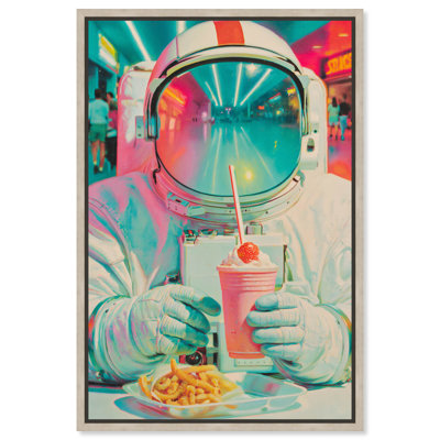 Impression sur toile encadrée « Astronaute de Mall Court », style rétro urbain et glamour, par Art Remedy, cadre en chêne naturel, 10 x 15 pouces.