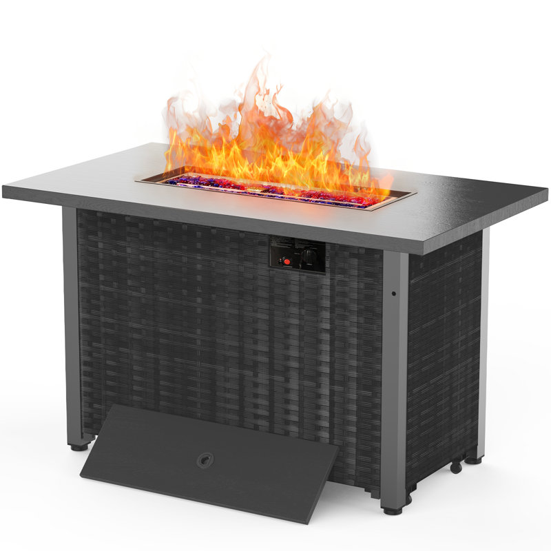 Table de foyer d'extérieur au propane de 43 po 43 po, foyer carré au gaz en rotin 50 000 BTU avec couvercle et pierres de cristal bleues, plateau de table en acier, flamme réglable, table FirePit 4-en-1 pour patio, cour arrière, rassemblements extérieurs