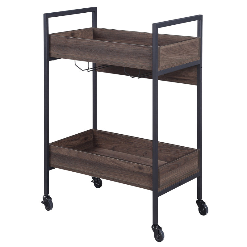 Chariot de service en noyer et noir, 2 tablettes, porte-gobelet, surface lisse, chariot de service rectangulaire de salle à manger, fabrication stable