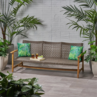 Outdoor Acacia Wood Wicker 3 Seater Sofa, Patio Furniture Conversation Set For Backyard