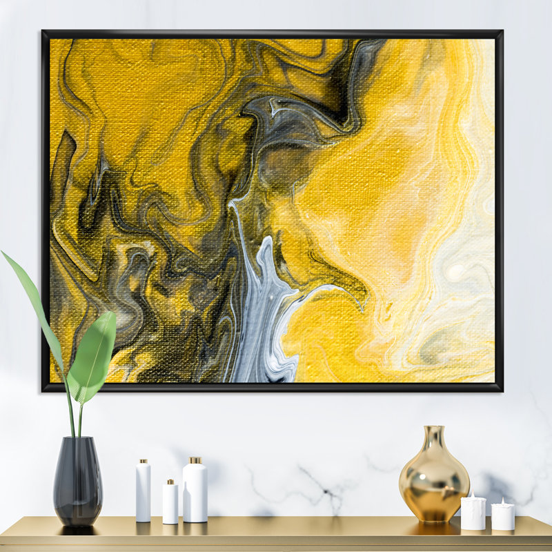 Noir noir, blanc et marbre jaune abstrait I - peinture sur toile, Cadre flottant noir, H 16 po x l 32 po
