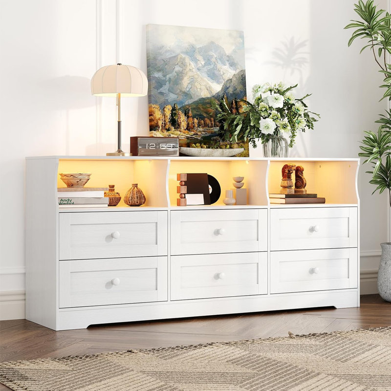 6 Drawer Dresser for Bedroom with Power Outlets & LED Light, Slim Wooden Chest of Drawers with Open Shelf, Space Saving Skinny Dresser for Nursery, Apartment, Closet Organization