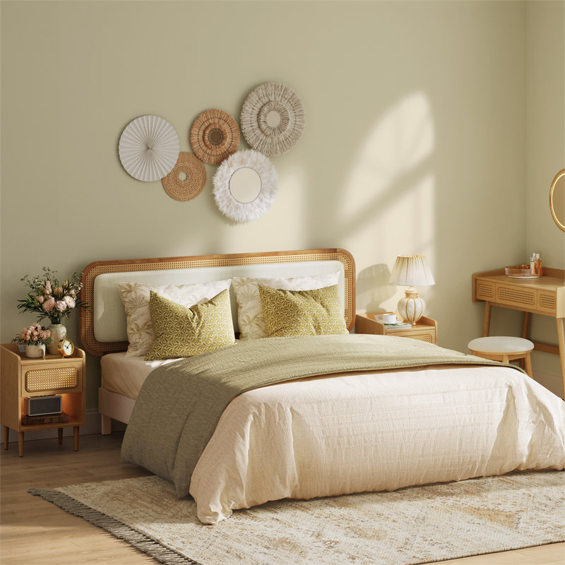Delaylah Bed Frame, with Rattan-Like Adjustable Upholstered Headboard, Boho Style, null
