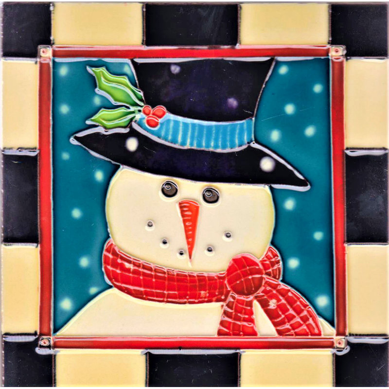 Snowman with Checkered Background 8x8" Art Tile Decorative Accent Trivet and Hot Plate