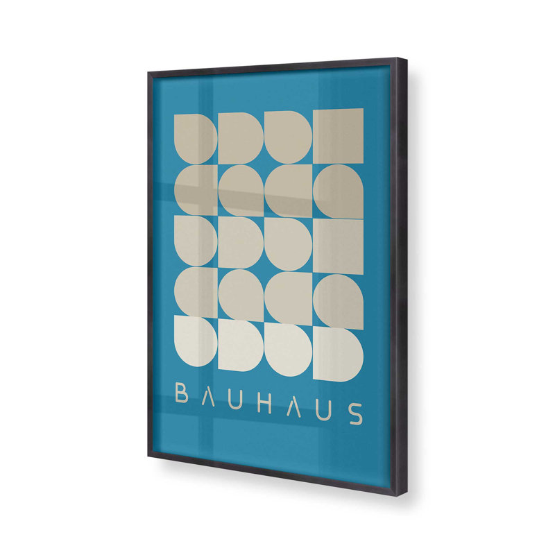 Impression géométrique dans un cadre poli, H 17,25 po x l 13,25 po, Bauhaus bleu sarcelle et crème, Cadre en zinc patiné