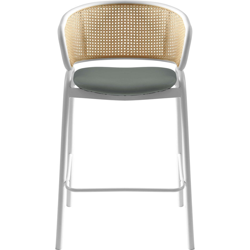 Tabouret de bar en cuir Daishun avec base en acier inoxydable thermolaqué blanc et dossier en osier incurvé, Gris, 2