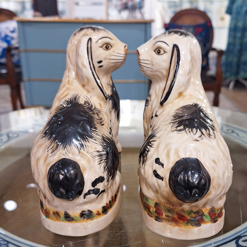 Small Staffordshire Bunny Hares Figurine, Cream/Black, 6.5" H x 6" W x 3" D