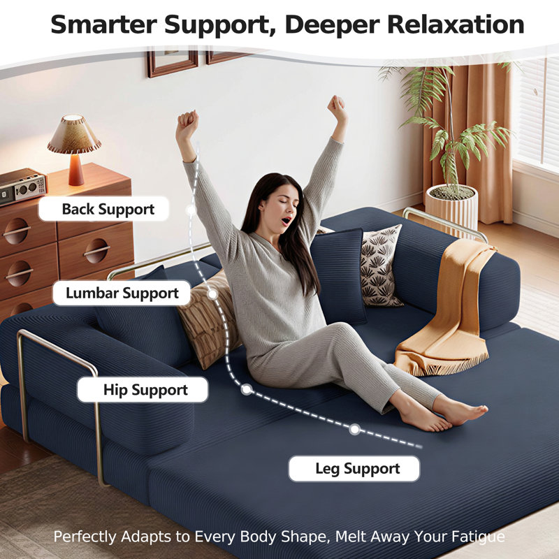 Boneless Folding Convertible Sleeper Sofa Bed, Modern Futon Couch With 2 Pillows, Comfy Fold Out Loveseat Sofa For Living Room Bedroom Guest Room Office, Compression Sofa in Box(Blue)