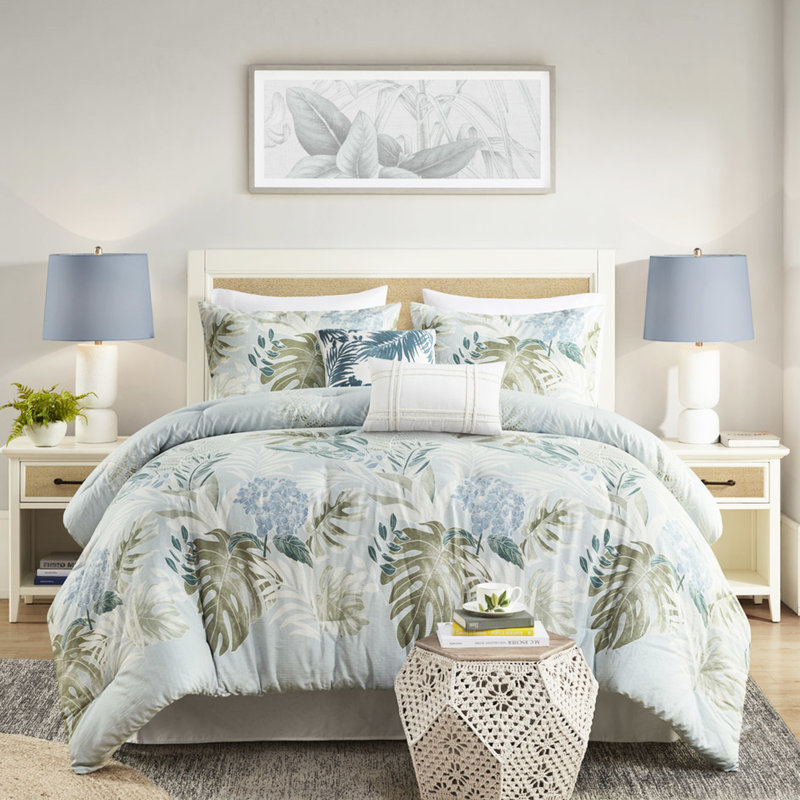 Couette en coton avec coussins décoratifs, bleue, format king, taies d'oreiller à motif tropical, couette tissée, bleue, lavable à la machine