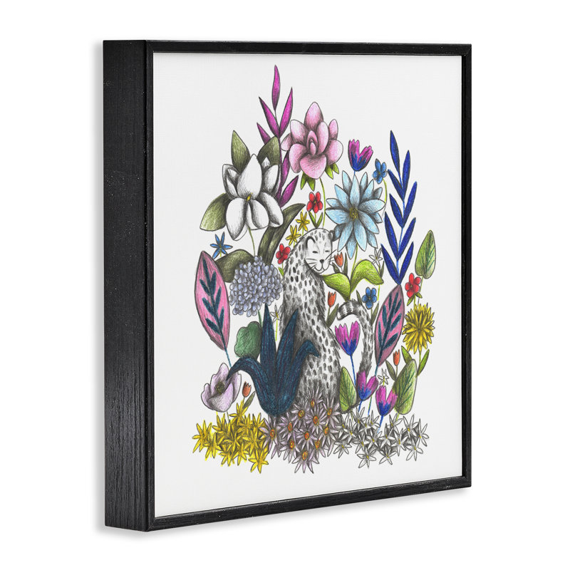 Léopard au milieu des fleurs, estampe numérique, conception de Cecilia Battaini, Giclée encadrée noir minuit
