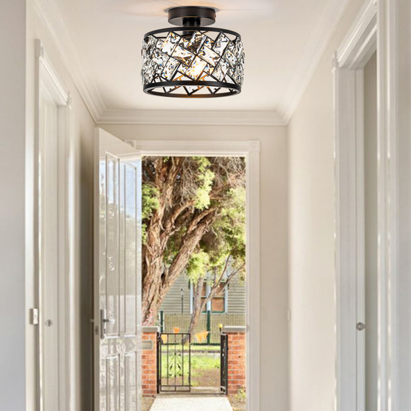 Lustre 1 lumière semi-encastré avec abat-jour rectangulaire en verre entrelacé