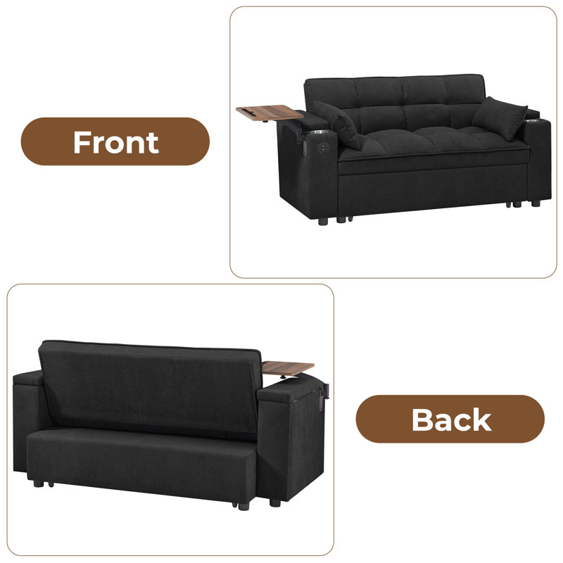 Chenille Convertible Loveseat with Storage Armrest, USB Port & Side Table, Black Chenille