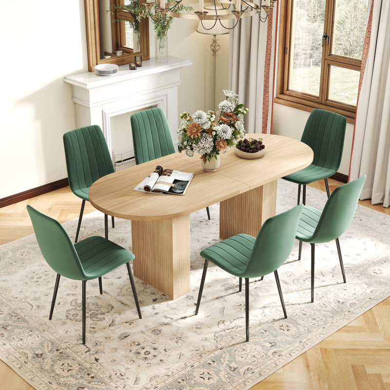 Ensemble de table de salle à manger Mid-Century, 7 pièces : table, 6 chaises, Vert, Chêne