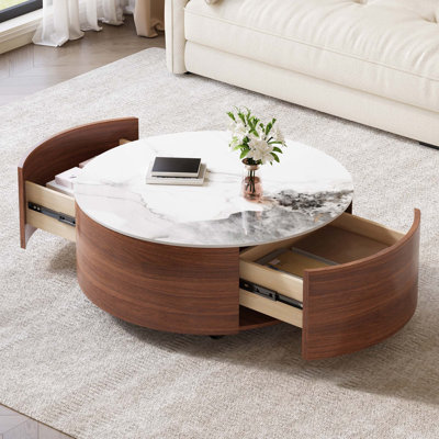 Table basse moderne à plateau en pierre frittée avec roulettes et 2 tiroirs pour un rangement facile