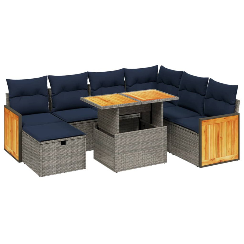  8 Piece Patio Sofa Set With Cushions Poly Rattan, Grey, Blue