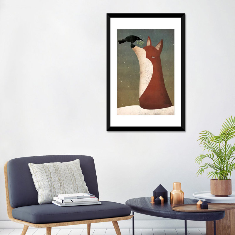«Fox and Mistletoe», reproduction sur toile tendue, H 32 po x l 24 po x P 1 po, Papier d'art encadré noir, Blanc