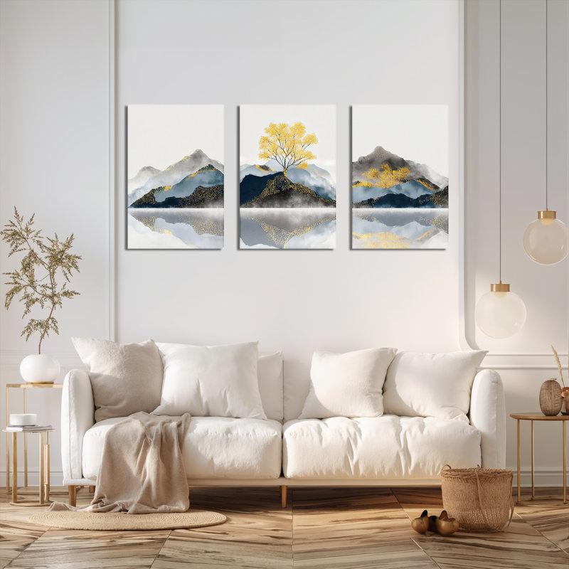 «Golden Tree and Mountain Reflection», reproduction d'art sur toile abstraite (ensemble de 3), H 30 po x l 60 po