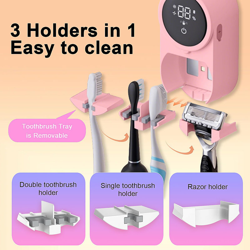 Toothbrush and Razor Holder with Cleaner, Dryer, and Auto Rotating Cover,Product Dimensions 2.4"L x 1.4"W x 4.6"H,1 (Pink)