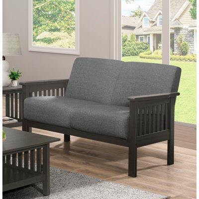 Gray Textured Fabric With Foam Padding And Pocket Coils, Solid Rubberwood Base Transitional Wood Frame