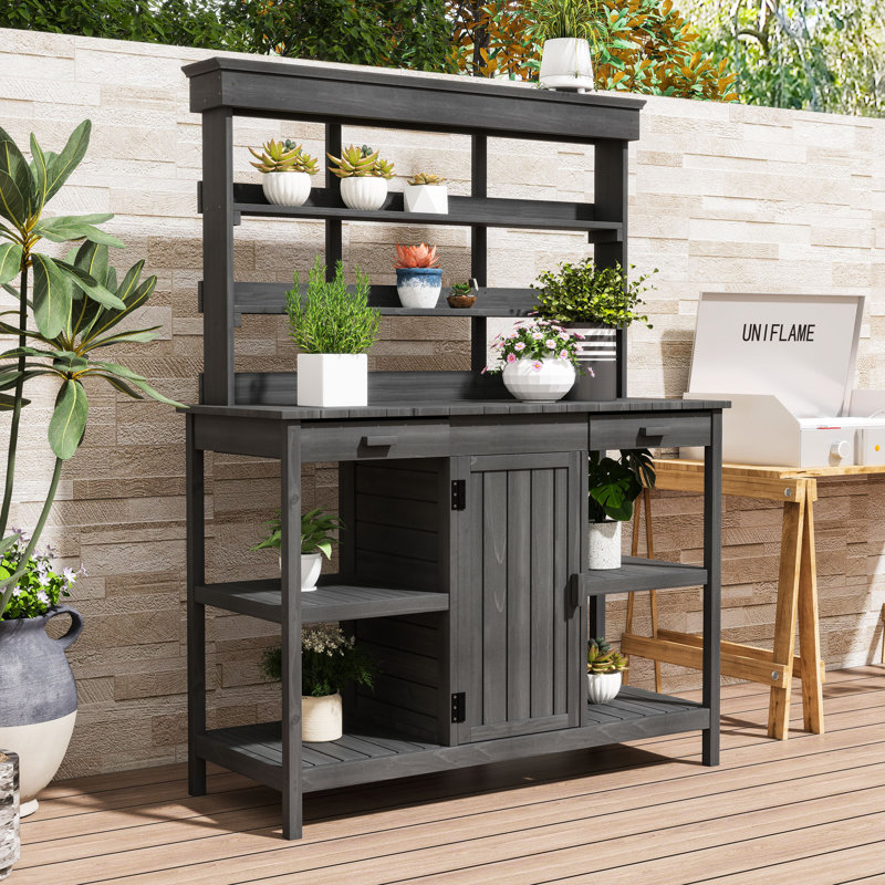 Banc d'extérieur en bois 66 po avec tablettes de rangement, 2 tiroirs et armoire, Gris