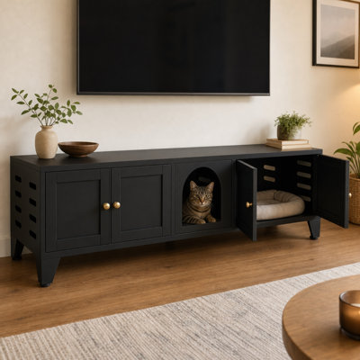 Meuble à litière en métal avec rangement, noir, dimensions : 43 cm (H) x 147 cm (L) x 47 cm (P),