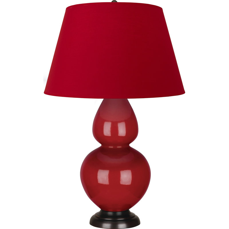 Lampe de table double gourde en céramique, Blanc cassé, Rouge rubis émaillé / bronze, Bronze