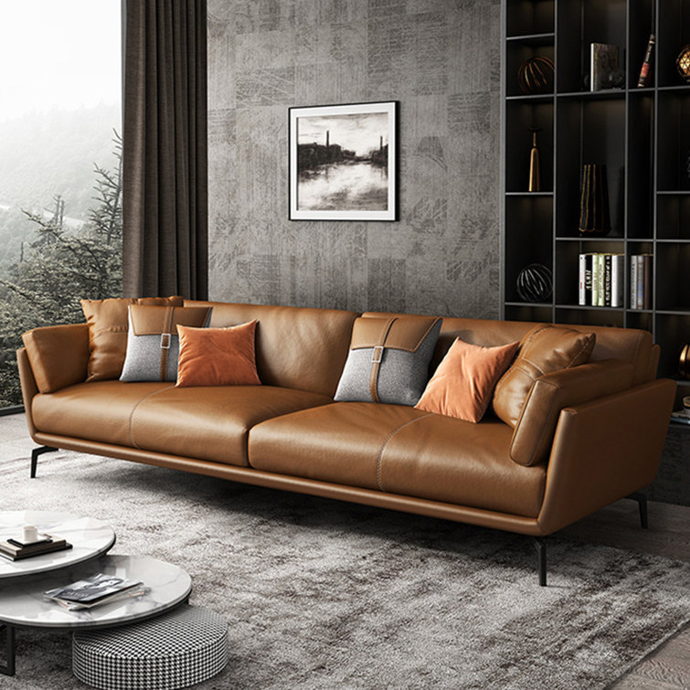 Overvåge Janice grad Corrigan Studio® Italian Minimalist 78.74"Cowhide Genuine Leather Orange  3-Seat Sofa For Living Room | Wayfair