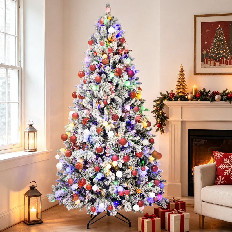 Arbre de Noël floqué avec lumières colorées, 90"