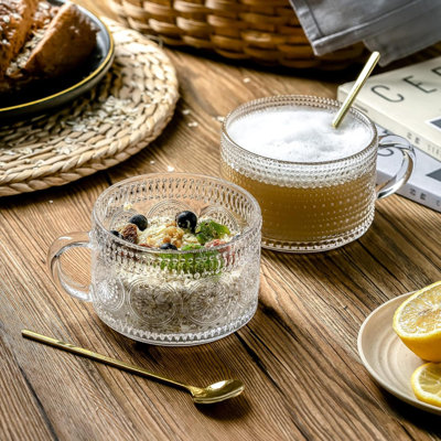 Vintage Glass Coffee Mugs  Set Of  Clear Embossed Tea Cups Glass Coffee Cups For Cappuccino Latte Cereal Yogurt Beverage Christmas Thanksgiving Gifts