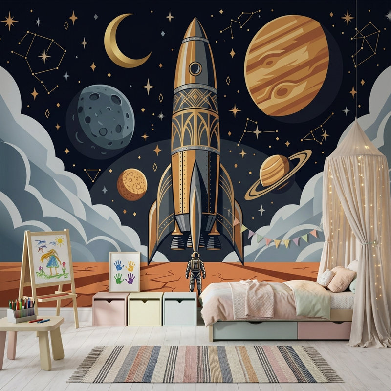 Papier peint fusée astronaute amovible, 120 po x 96 po, Texturé non collé