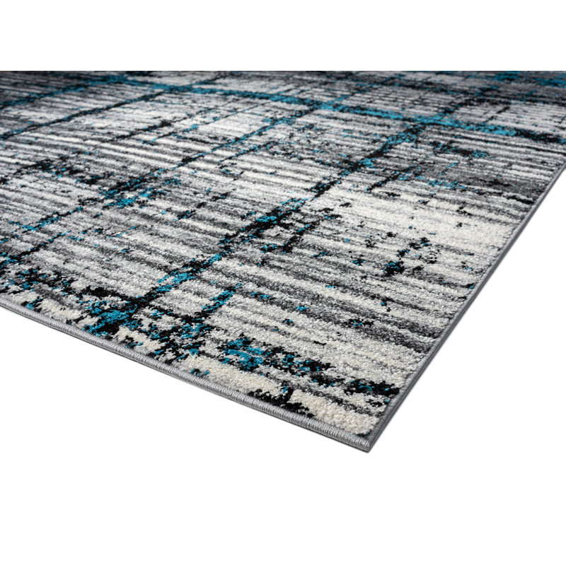Tapis géométrique gris / bleu, Rectangle 5 pi 3 po x 7 pi 7 po