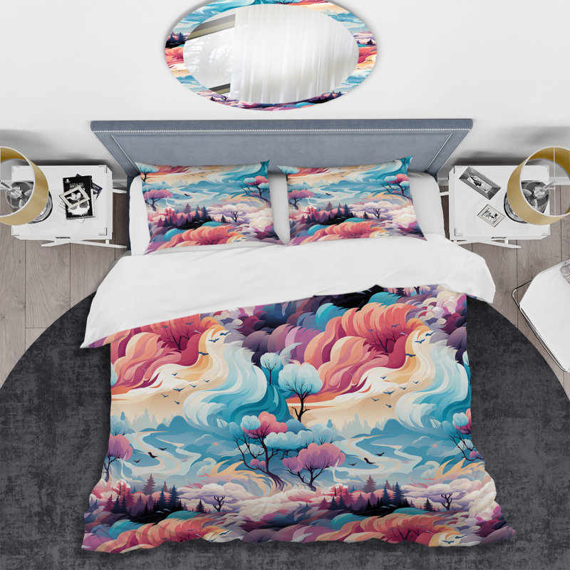 Literie Blue And Pink Nomad Landscape, Housse de couette simple + 1 taie décorative stan