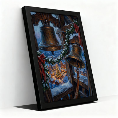 Brass Bells Overlooking Snowy Village Christmas Canvas Wall Art