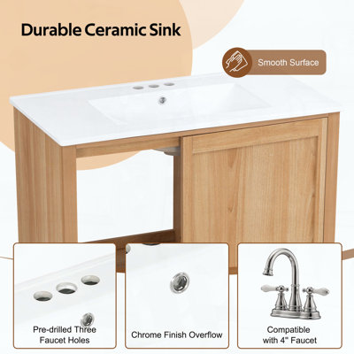 Meuble-lavabo avec lavabo en céramique, deux tiroirs, armoire et tablette ouverte, pieds en bois massif, naturel