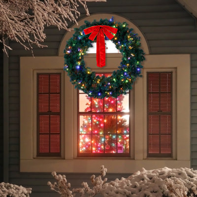 48'' Christmas PVC Wreath With Bow 4-Color Lights Remote Control