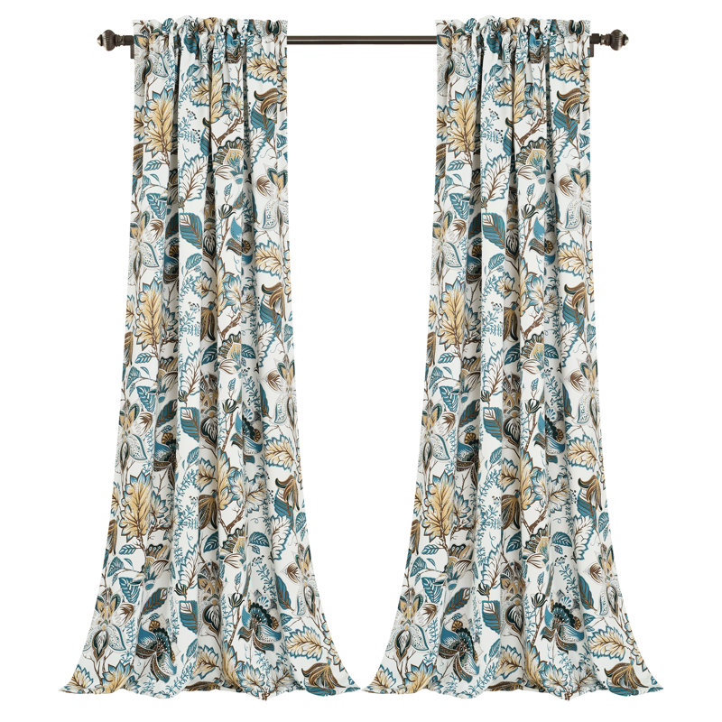 Jacobean Garden Room Darkening Curtain Pair, 52" W x 95" L, Blue/White/Yellow