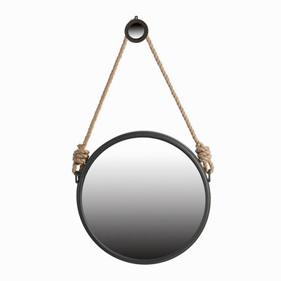 19.5" In Handsome Cleveland Mirror With Rope Strap Contemporary Design Circle Mirror With Grey Round Metal Frame For Wall Decor Bathroom, Entryway