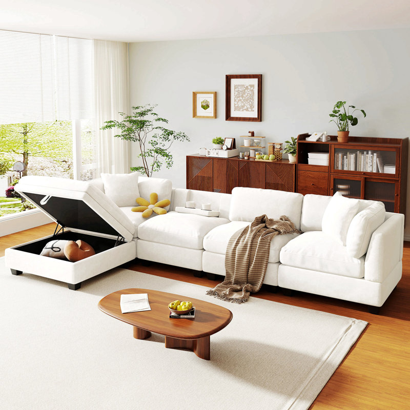 Canapé modulaire avec repose-pieds 5 pièces Zenfield, Polyester beige