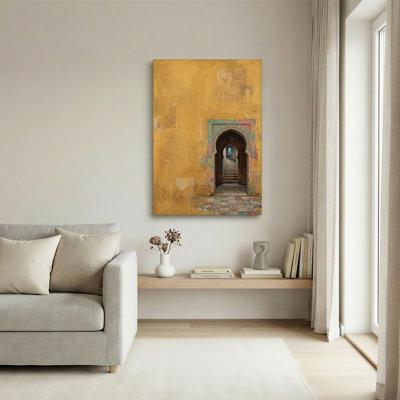 Art mural en toile avec porte arquée avec bordure bleue et croquis jaune