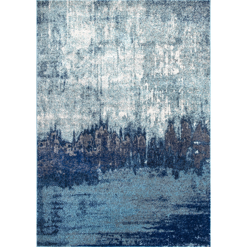 Gleno Abstract Waterfall Power Loom Performance Blue Rug, Rectangle 12' x 15'