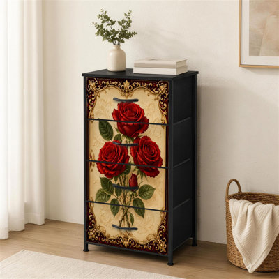 Commode 4 tiroirs pour chambre à coucher Bouquet élégant Roses rouges Cadre baroque doré Petite grande commode à vêtements pour organisateurs de placard avec commode